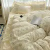 Juego de Cuatro Piezas de Algodón Lavado de Grado A Suave y Amigable con la Piel Estilo Francés, Funda Nórdica Estilo Princesa, Juego de Sábanas de Tres Piezas, Ropa de Cama para Dormir al Natural