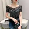 Foto Real Pronta Entrega Verão 2023 Nova Sexy Renda Recortada Brilhante Diamante Manga Curta Slim Moda Camiseta para Mulheres