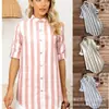 Gran stock disponible. Camisa rayada casual de manga larga para mujer, talla grande, de comercio exterior europeo y americano transfronterizo, con mangas enrollables