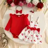 Nuevo Estilo Otoño 2026 Conjunto de Vestido con Tirantes para Bebé Niña de 0-1 Año Top de Manga Larga de Color Sólido + Vestido Estampado de Doble Capa