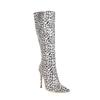 Novo transfronteiriço europeu e americano estampa de leopardo super salto alto botas longas outono e inverno Sexy Slim bico fino salto agulha botas macacão zíper lateral