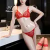 Lencería Sexy Conjunto de Bikini de Tres Piezas con Abertura en la Entrepierna y Encaje con Pecho al Descubierto y Tanga Conjunto de Dos Piezas