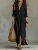 Camisa Feminina Longa Cor Sólida Meio Aberta Gola Lapela Estilo Preguiçoso Casual Botão Primavera Verão Outono Boêmia