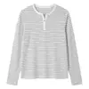 Blusa Simples de Listras com Decote V, Botões e Mangas Longas para Mulheres, Camiseta Solta com Gola Henley para Primavera/Outono, Camisa Base de Estilo Suave para Camada Interna
