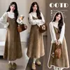 Conjunto de Maternidad Otoño Invierno Vestido Chaleco Retro Cuello Alto Ribete de Encaje Capa Base Vestido de Dos Piezas de Felpa Cuello en V Adelgazante