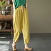 Calças de Algodão Femininas Largas Largas Largas Casuais Verão Novo Algodão e Linho Retrô Emagrecedoras Cadarço Haren de Rabanete