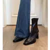 Botines de Tacón Grueso y Punta Cuadrada Otoño e Invierno Nuevos Coreanos Retro Elásticos Ajustados Botines para Mujer con Cremallera Trasera de Tacón Alto Botines para Mujer