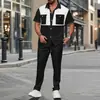 Conjunto de Dos Piezas para Hombre de Amazon Transfronterizo: Camisa de Manga Corta con Botones tipo Waffle, Bloques de Color y Bolsillo, y Pantalones Largos con Cuello de Solapa