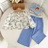 Conjunto de 2 Peças da Moda para Meninas de Primavera - Estampa Floral Jacquard, Estilo Pastoral, Blusa de Manga Longa + Calça Wide Leg - Venda Quente Transfronteiriça