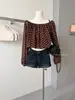 Camisa vintage de lunares estilo francés sin hombros y manga larga para mujer, blusa off-shoulder de moda única y chic para otoño