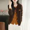 Outono Inverno 2026 Novo Estilo Coreano High-End Único Falso Duas Peças Jaqueta Gola Redonda Tricô Canelado Cardigan Top Feminino