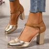 Sandalias de Tacón Alto Cerradas de Bloques de Color para Mujer de Comercio Exterior Europeo y Americano, Nuevas Sandalias de Moda Transfronterizas con Punta Redonda, Correa en T y Tacón Grueso, Tallas Grandes