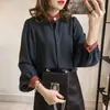 Primavera y Otoño Estilo Coreano Talla Grande mm Suelta Empalme Color Manga Linterna Camisa de Gasa Top de Manga Larga para Mujer Camisa Elegante con Cuello Alto Trendy