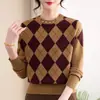 Casaco suéter pulôver estiloso de primavera e outono para mulheres de meia-idade e idosas, novo estilo para mães, blusa de tricô de camada base para outono e inverno