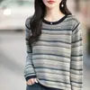 Camiseta base de punto rayada hueca para otoño temprano para mujer, nuevo top de algodón para primavera y otoño 2025, suéter elegante de talla grande para mujer