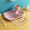 Juego de Platos de Paja de Trigo Vajilla Japonesa para Niños Plato Dividido para Estudiantes Tazón de Arroz Taza de Agua Juego de Cuchara, Tenedor y Palillos