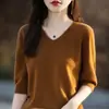 Suéter de punto para mujer con cuello en V y cinco mangas, color liso, manga corta, suéter de punto holgado, capa base, camiseta 25 Otoño Nueva Llegada Primera Línea Listo para usar T
