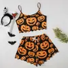 Camisola de Manga Corta Divertida con Estampado de Cabeza de Calabaza Navideña, sin Mangas, Ropa de Dormir, Pijama de Leche Pura, Conjunto para Mujer