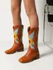 Novas Botas de Cavaleiro Alto Bordadas com Girassol Salto Quadrado Salto Médio Botas Tamanho Grande 40-48 Comércio Exterior