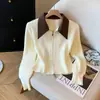 Suéter cárdigan de punto de alta gama elegante con solapa de cuero para mujer, nuevo de primavera y otoño, abrigo corto vintage exquisito de punto acanalado de color sólido