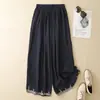 Pantalones anchos de cintura elástica con bordado artístico para mujer, corte holgado, nuevos pantalones rectos de algodón y lino para el verano 2026, pantalones cortos para mujer