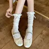 Meias 3/4 Miu Socks para Mulheres Verão Borda de Renda Meias Franzidas Combinadas com Meias Mary Jane Estilo Fino Preto Meio da Panturrilha Branco