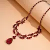 Collar de Flor de Zircón Rojo y Gota de Agua Transfronterizo Europeo y Americano, Cadena para Clavícula de Nicho de Lujo Ligero, Accesorio de Gama Alta Moderno y Versátil
