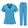 Camiseta Manga Curta Gola V Plus Size Transfronteiriça Lavável Confortável Casual Antiestática Anti-Aderência de Pelos Conjunto de Uniforme de Trabalho para Salão de Beleza