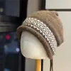 Chapéu feminino retrô, novo estilo fashion, para circunferência de cabeça grande, lã tricotada, quente, padrão jacquard, cordão, chapéu oversized