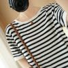 Algodón 2024 Verano Vintage Camiseta de Manga Corta a Rayas para Mujer, Suelta Cuello Redondo Tejido Algodón-Lino Estilo Bf Versátil Top de Media Manga