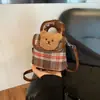 Nova Moda Outono 2025 Bolsa Fofa com Design de Cabeça de Boneco de Desenho Animado, Bolsa Transversal Xadrez de Lã Estilosa para Crianças