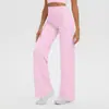 Calça Longa Esportiva Cruzada Escovada de Cintura Alta com Controle Abdominal para Corrida Yoga Levanta Bumbum Perna Larga Solta Roupa Fitness Yoga Feminina