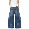 Jeans anchos de pierna con estampado de letras de bandera lavada estilo retro americano para hombres y mujeres, corte holgado, pantalones de largo completo, directo del fabricante