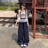 Calça Jeans Wide Leg Solta Estilo Retrô Americano Verão Patchwork Ballet Calça de Moletom Versátil Calça Casual de Perna Reta com Três Listras para Mulheres