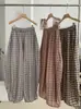 Pantalones de Globo a Cuadros Sueltos Estilo Coreano Kekezoon para Mujer, Cintura Alta Elástica, Pantalones Casuales Versátiles de Pierna Ancha 8324
