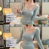 Suéter de Tricô Manga Longa com Decote em U e Strass Estilo Coreano, Novo Modelo Outono e Inverno, Camada Base Ajustada na Cintura, Top Pura Desejo Céu Estrelado