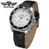 Winner Moda Masculina Casual Cinturón de Cuero Reloj Mecánico Semiautomático Venta al por Mayor Esfera Negra Cara Negra