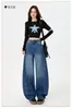 Jeans Feminino Azul Denim Estilo Americano Novo Primavera 2026 Cintura Alta com Design Levanta Bumbum, Perna Larga Reta Solta Comprimento Total Tendência