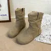Botines nuevos 2026 de punta redonda para mujer, con tacón de bloque, estilo Western, diseño interior que aumenta la altura, detalle plisado versátil y un color camel retro