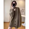 Cárdigan de punto de lana 100% pura, corte relajado, cuello en V, largo medio para mujer, suéter grueso, top holgado de botones