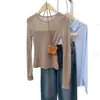 Camiseta Básica de Punto Morada Puramente Sexy de Manga Larga para Mujer, Principios de Otoño 2025, Delgada Ajustada Cuello Redondo Patchwork Top Interior