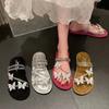 Llegada Nueva Verano 2024 Vestido Estilo Hada con Lazo Sandalias Planas Ropa Exterior para Mujer Moda Chanclas de Playa con Pedrería