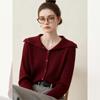Suéter Color Borgoña con Cuello Camisero, Otoño e Invierno 2025, Tejido Súper Elegante, Top Delgado Ajustado a la Moda que Reduce la Edad para Mujer