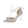 2025 Nuevos Tacones Altos Plateados Sandalias de Verano para Mujer Stiletto Punta de Perla Zapatos Huecos con Lazo para Mujer