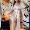 Bata de Noche Sexy de Bruja para Halloween para Mujer, Pijama Sexy de Encaje Hueco de Lujo Ligero, Bata de Baño Europea y Americana de Talla Grande
