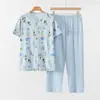 Pijama fino de algodón de verano para mujeres de mediana edad y mayores, cárdigan de punto de manga corta para casa, conjunto de algodón 100% con botones y cuello redondo