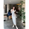 Vestido Quadrado com Gola Alta Estilo Francês para Pausa para o Chá Feminino, Novo Modelo Verão 2026, Cintura Marcada Petite, Vestido Longo com Manga Bufante para Férias na Praia