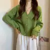 Cardigan de punto de cuello en V estilo coreano para otoño e invierno, nuevo, suave, color liso, estilo perezoso holgado, suéter todo lo combina, abrigo para mujer