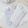 Meias de Cano Médio com Vibe Minimalista, Estilo Japonês, Primavera/Verão, Meias de Cano Médio Roxo com Urso e Flores, Estilo College, Alto Teor de Algodão