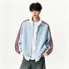 Sudadera con capucha de punto gofre estilo deportivo americano para hombre y mujer, nuevo estilo de otoño, chaqueta abrigo holgada casual a rayas con cuello alto